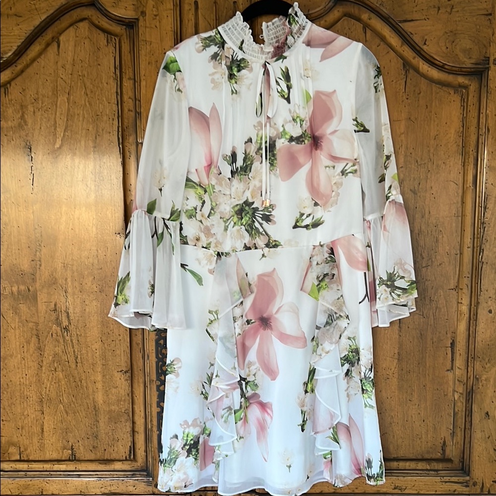 Ted Baker London Pink Tie Front Dress with Bell Sleeves